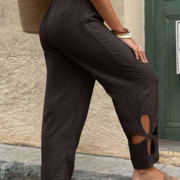 Coffee Brown Elastic Waist Pants | Loose Fit Hollow Out Long Trousers - Picture 4 of 4